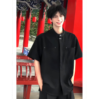 新中式國風黑色短袖襯衫男高級感痞帥立領DK制服中山裝訂婚五分袖--享樂