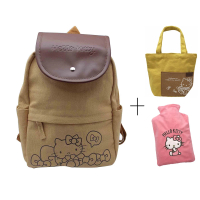 【SANRIO 三麗鷗】帆布皮蓋背包+便當袋+暖水袋1200ml組(Hello Kitty 美樂蒂)