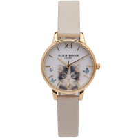 OLIVIA BURTON 貓咪戲蝶款皮革手錶(OB16WL75)-白面x淺灰白色/30mm