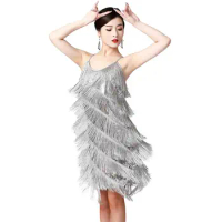 Women Sexy Tassel Latin Dress V-Neck Sleeveless Tiered Fringe Flapper Dress Elegant Evening Clubwear