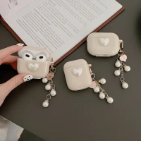 Fashion Beige Earphone Case for Apple AirPods 3 Pro Cover For AirPods 1 2 Case Love Heart Pearl with Keychain Soft TPU Shell