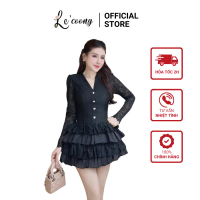 Váy Thiết Kế Dáng Ngắn Xếp Tầng LECOONG V702 Đầm ĐẹpTiểu Thư Sang Chảnh Màu Be Đen Tết 2025