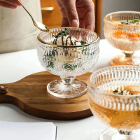 A Happy  Vintage Cup Sunflower Embossed Glass Cup Footed Dessert Ice Cream Bowl Salad Bowl Candy Cak