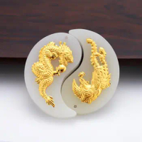 HOYON Dragon Phoenix Natural Jade Pendant Inlaid AU999 Pure Gold Pendant 999 Solid Yellow Gold Necklace for Couple Jewelry Gifts
