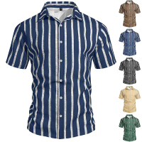 เสื้อผ้าผู้ชายข้ามพรมแดน สไตล์ยุโรปและอเมริกา สำหรับฤดูร้อนบน Amazon เสื้อเชิ้ตแขนสั้นลายทางคอปกแบบพ