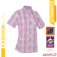 瑞多仕-RATOPS 女款 短袖彈性格子襯衫(胸前口袋/衣領設計).休閒衫_DA2508 粉藍/玫瑰紅