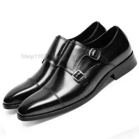 Mens Oxford Shoes Genuine Leather Italian Casual Shoes Cap Toe Double Buckle Monk Strap Classic Dress Shoes Black Brown Shoe Men