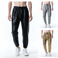 Idopy Men`s Party Metallic Shiny Night Club Stage Performance Drawstring Pants Halloween Disco Party Trousers
