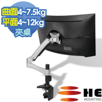 HE 載重版.鋁合金夾桌型雙節懸臂懸浮式螢幕支架 - H20AUC (適用曲面≤34吋4-7.5公斤 / 平面≤38吋4-12公斤)