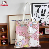 Kawaii Hello Kitty Canvas Bag Anime Sanrio Student Book Bag Large Capacity Tote Bag Out Shopping Bag Girl Gift