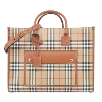 【BURBERRY 巴寶莉】Freya經典格紋皮革中型托特包(石楠木棕色)