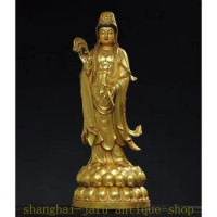 24.4" Old China Buddhism temple bronze Gilt Stand Kwan-yin Goddess Buddha Statue