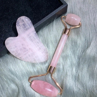 Thanh lăn + Guasha Thạch Anh Hồng - Rose Quartz tự nhiên - đá năng lượng (tặng kèm hộp)