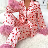 Satin Pajamas for Women Long Sleeve Lapel Neck PJ s Button Down Sleepwear Feather Pajama Set