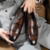 Comfortable Formal Men Shoes Genuine Leather Double Monk Strap Black Brown Men Fashion Dress Shoes Wedding Oxford Shoes For Men