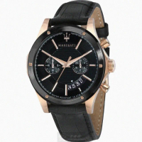 【MASERATI 瑪莎拉蒂】MASERATI手錶型號R8871627001(黑色錶面玫瑰金錶殼深黑色真皮皮革錶帶款)
