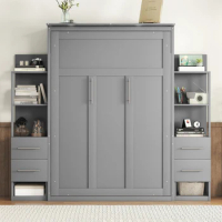Full Size Murphy Bed Wall Bed with Shelves, Drawers and LED Lights,Gray space-saving furniture for a multi-use guest room, home