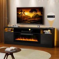 70''TV Stand w/36'' Fireplace-LED Light Entertainment Center for 75+ inch TV-Black TV Cabinet with Storage, Modern TV Console