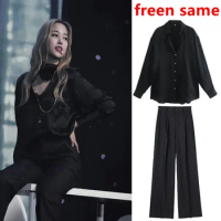 Freen Same Style Shirt Set Women's Black Silk Fabric Women's Feeling Shirt Top Freenbecky