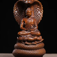 Ancient snake Buddha carved wooden imitation of ancient Buddha