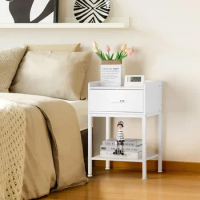 Nightstand with Charging Station 2-Tier, Side Tables Bedroom with Drawer Small, White, Bedside Table with USB Ports and Outlets