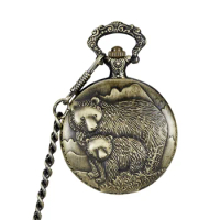 Antique Bear Carved mechanical Pocket Watch Bronze Necklace Men Women Watch Clock Fob