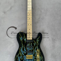 Black Electric Guitar Blue Fire Guitar SSS Pickups Fixed Bridge Gold Tuners Maple Fingerboard