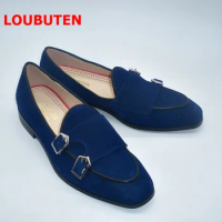 LOUBUTEN Navy Blue Monk Strap Shoes For Men British Style Handmade Suede Loafers Summer Dress Shoes Man Wedding Shoes