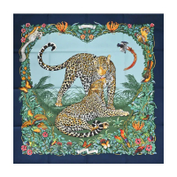 【Hermes 愛馬仕】Jungle Love forever 90 手工捲邊斜紋真絲方巾(海洋/綠/橘)