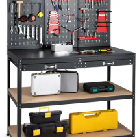 Work Bench with Pegboard, 48”x24” Work Table with Drawers, 965LBS Capacity, Pegboard, 25 Hanging Accessories,