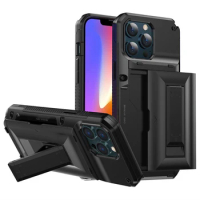 Shockproof Armor Cases for iPhone 13 12 Mini Pro Max XS XR Invisible Bracket Back Cover Case with Card Pocket Kickstand Holder