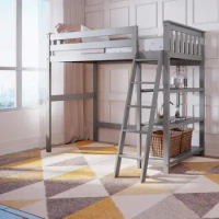 Max &amp; Lily High Loft Bed, Twin Bed Frame For Kids With Bookcase, Grey