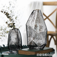 花瓶 不規則幾何日式錘紋手工玻璃花瓶 輕奢描金插花透明客廳裝飾擺件 限時88折