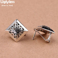 Uglyless Vintage Square Studs Earrings for Women Hollow Thai Silver Blooming Daisy Flower Studs Real 925 Silver Brincos E1446