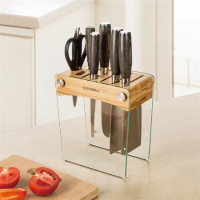 【廚房好物】直立式鋼化玻璃孟宗竹10孔刀具架 瀝水架 置物架(廚房刀架)