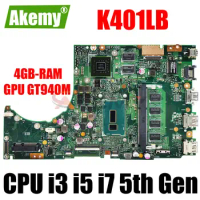 K401LB Notebook Mainboard For ASUS K401LX A401L K401L Laptop Motherboard CPU i3-5010U i5-5200U i7-5500U 4GB RAM GPU GT940M DDR3