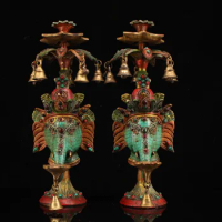 16"Tibet Temple Collection Old Bronze Outline in gold inlay Gem Elephant Head Bell oil lamp Candlestick A pair Worship Hall