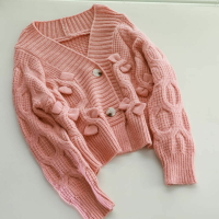 粉色蝴蝶結毛衣女年秋冬新款甜美慵懶風寬松減齡針織開衫外套
