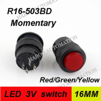 100pcs/lot 16mm R16-503BD mometnary push button switch mini type round shape with led switch 1NO
