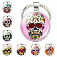 Sugar Skull Keychain Mexico Folk Art Sugar Skull Glass Pendant Metal Keyring Day of the Dead Jewelry Gift Halloween Gift