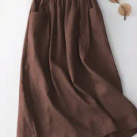 ZANZEA Elastic Waist Midi Skirt Women Solid A Line Cotton Skirt 2024 Summer Korean Side Pockets Falda Saias Casual Holiday Jupe