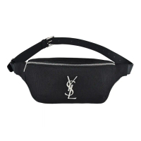 【YSL】YSL SAINT LAURENT LOGO拉鍊帆布滾邊牛皮腰包(黑)