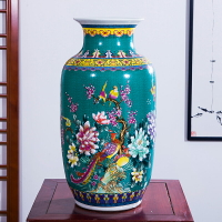 景德鎮陶瓷器藍綠色高落地大花瓶百鳥朝鳳家居客廳裝飾品擺件大號