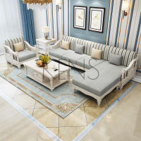 沙發 沙發椅 輕奢美式白色實木沙發組合韓式田園風格1+2+3轉角客廳木加布沙發