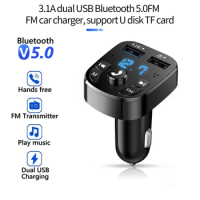 Bluetooth 5.0 Fm Transmitter Car Charger 3.1A Supports Usb Disk Aux Mp3 Modulator Music Player Car Kit Hands Free Dual Usb