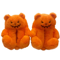 Kawaii Pumpkin Slippers Teddy Bear Pumpkin Plush Slippers Indoor Fuzzy Women Men Flat House Shoes Soft Halloween Gifts