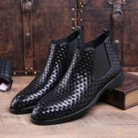 Qmaigie chelsea boots for men size 47 48 new Fashion Weave Leather Boot Shoes Mens Slip-on Formal Dress Shoes Business Shoes