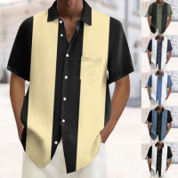T-Shirts For Men Clothing Mens Vintage Bowling Shirts 1950s Casual Short Sleeve Button Up Contrast Shirt Summer Chemise Homme