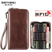 Business Men Credit Card Holder Wallet Genuine Leather Clutch Bag RFID Blocking Bank Card Holder Large Capacity Mens Wallet