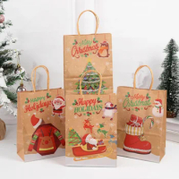 5pcs Merry Christmas Kraft Paper Gift Bags Xmas Candy Cookie Packaging Bag with Handle Christmas New Year Present Bags Supplies